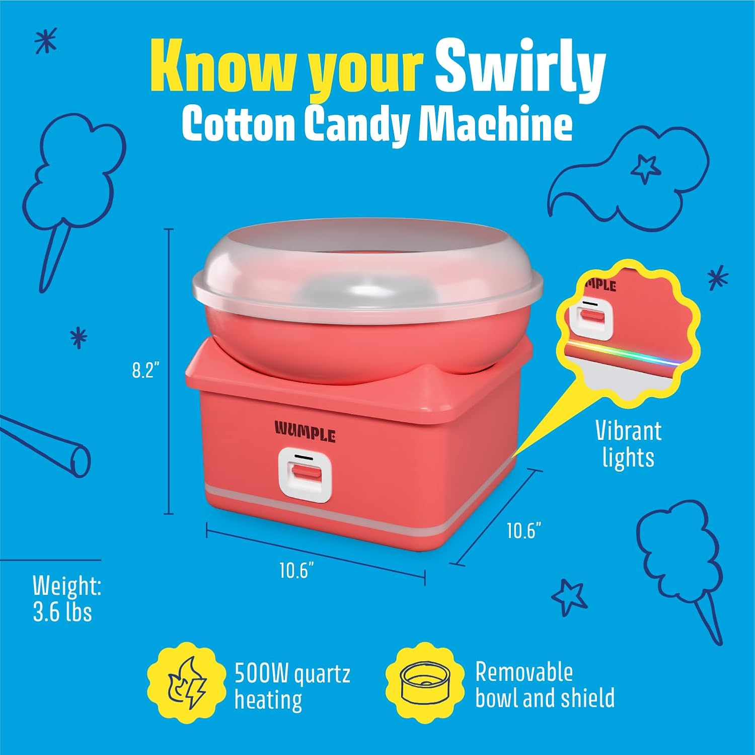Cotton Candy Machine with LED Lights, Quick Heat-Up, Electric Machine with Lidded Bowl for Parties, Home & Business (Red)
