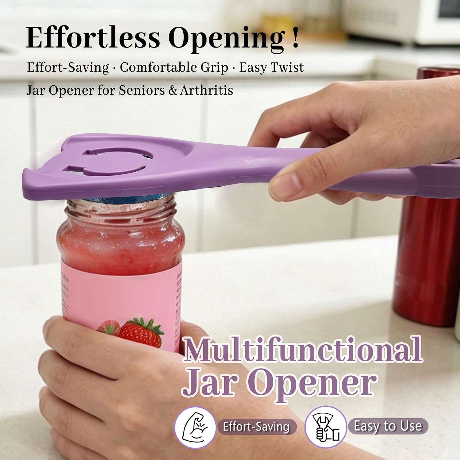 Jar Opener, Effortless Jar Opener for Weak Hands & Seniors With Arthritis, Labor-Saving Large Handle, Easily Twist Lid Bottle Cap, 4-in-1 Bottle Opener for Seniors, Kitchen Gadgets (Purple)