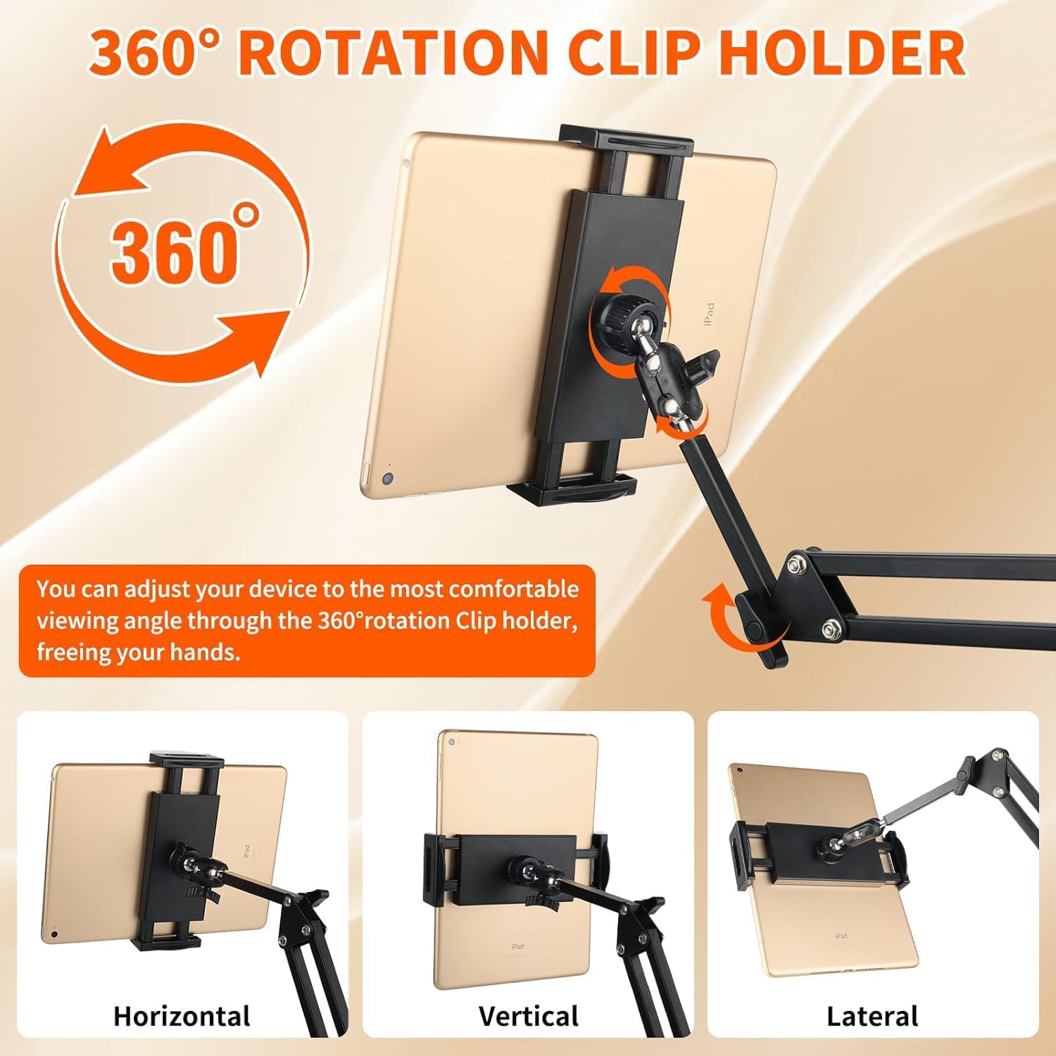 Hands Free Bed Tablet Holder with Adjustable Arm - Heavy Duty Metal Stand Compatible with Kindle, iPad & Phones, Foldable & Space-Saving Design, Invisable & No Furniture Damage (Extended 90CM)