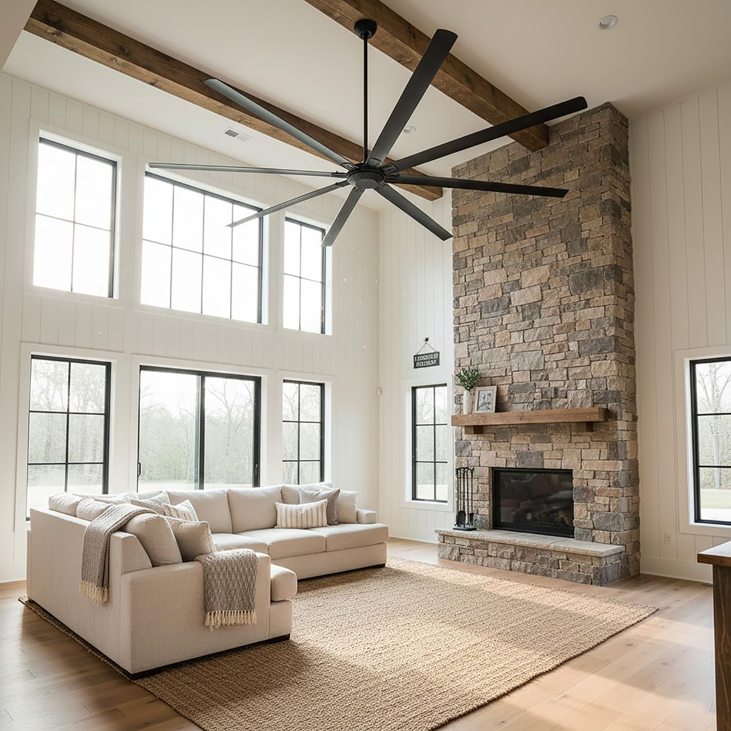 120 Inch Ceiling Fans without Lights High Airflow Industrial Black Ceiling Fan for Shop Garage Barn, 6-Speed Reversible DC Motor Big Commercial Fan with Remote Control, 6 Aluminum Blades, ETL