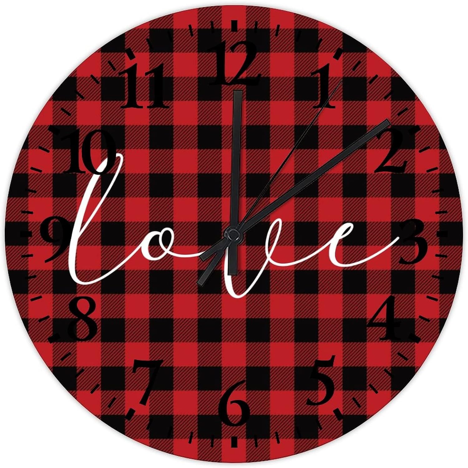 15 Inch Valentine's Day Love Wooden Clocks Battery Operated Silent Noiseless Buffalo Plaid Check Love Quote Modern Wall Clock Arabic Numeral Round Clock for Farmhouse Home Decoration