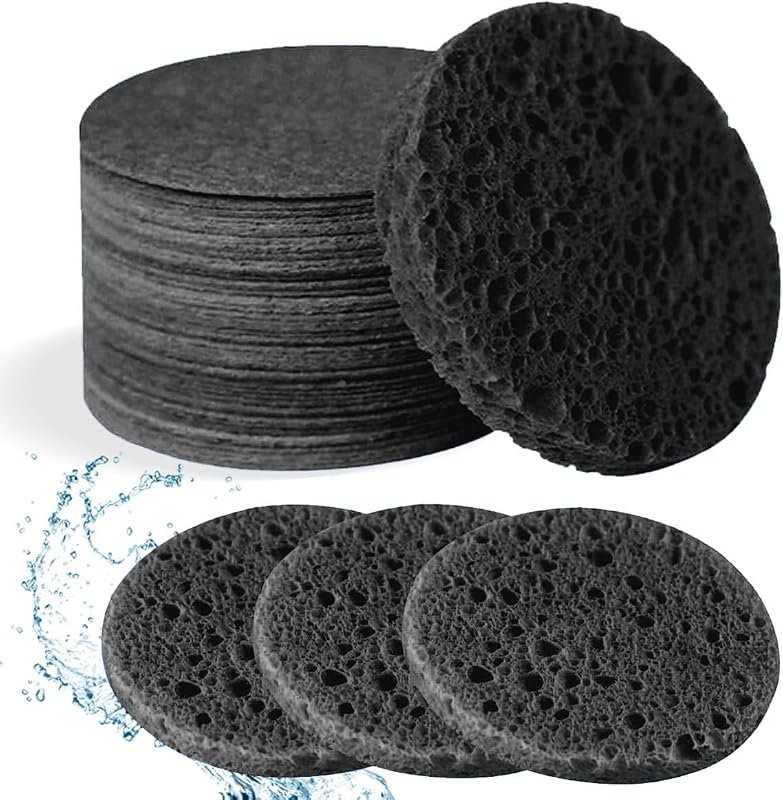 Spunspon Esponjas Faciais Redondas de Celulose Comprimida Pretas, Pacote com 50