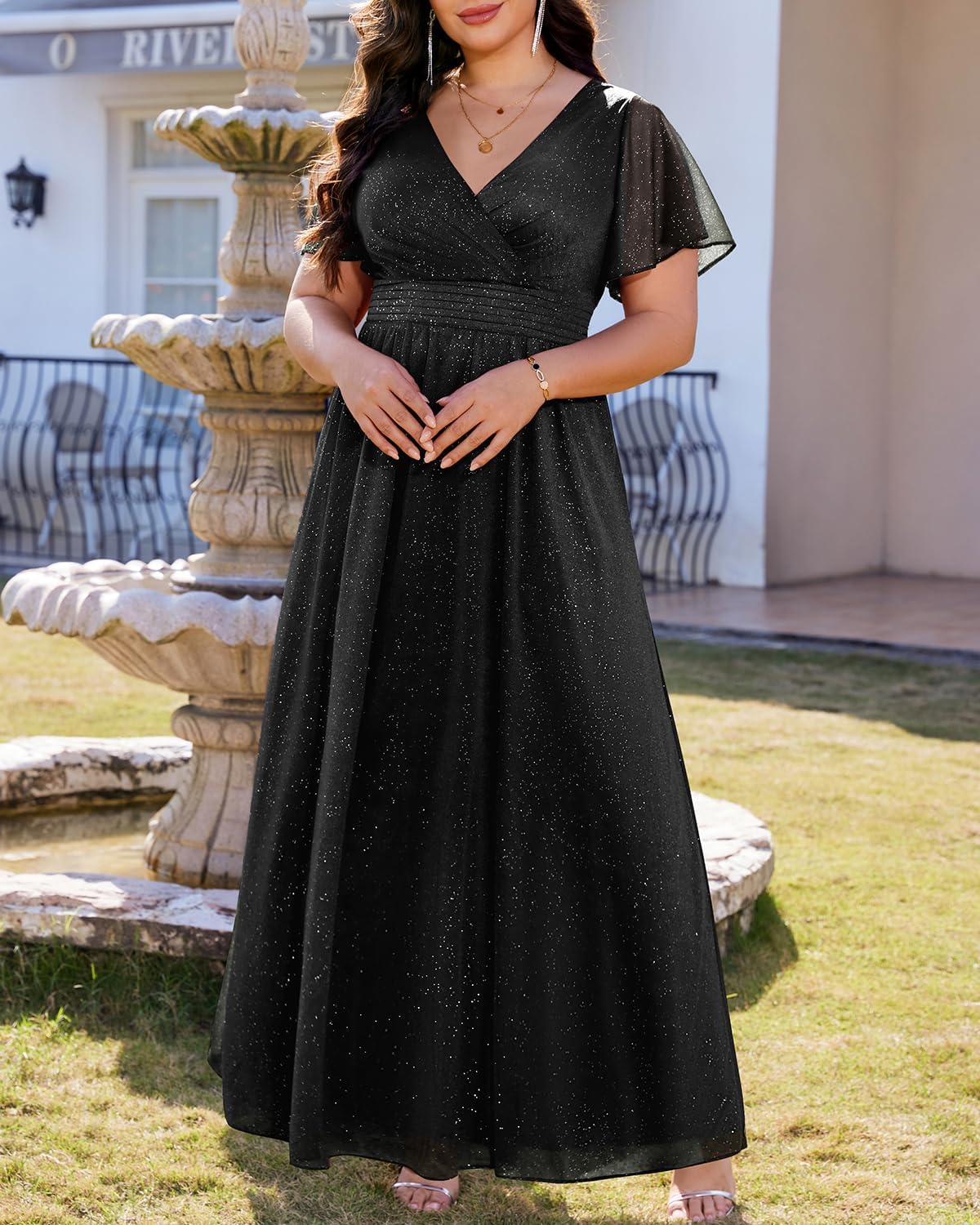Plus Size Formal Dresses - V Neck Flutter Sleeve Glitter Prom Evening Gowns Wedding Guest Chiffon Long Maxi Dress - Image 6