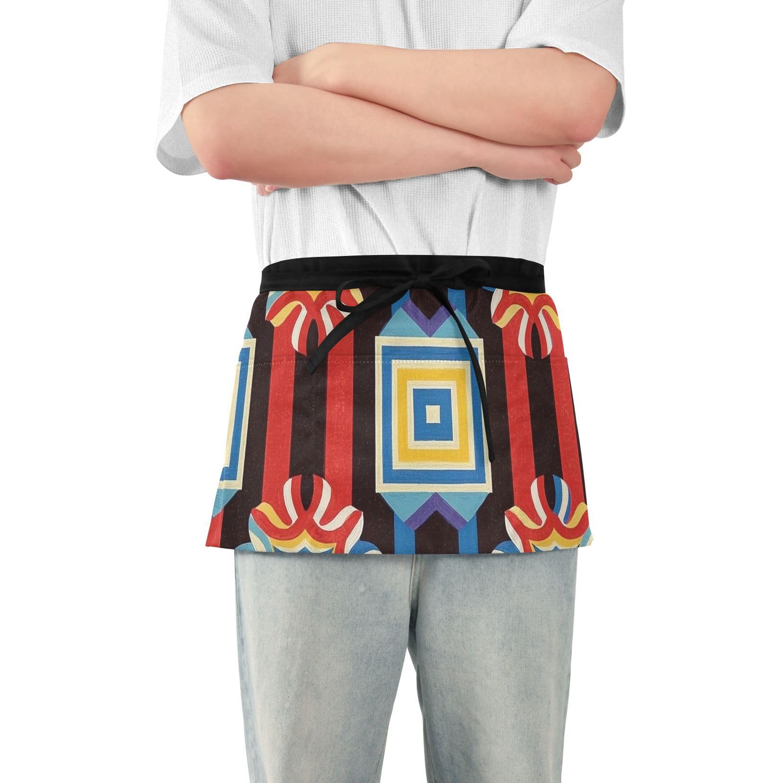 FASHON&FASCIN Server Apron with Pockets Waist Aprons Half Waitress Apron Geometry Design for Gardening Restaurant,Multi12