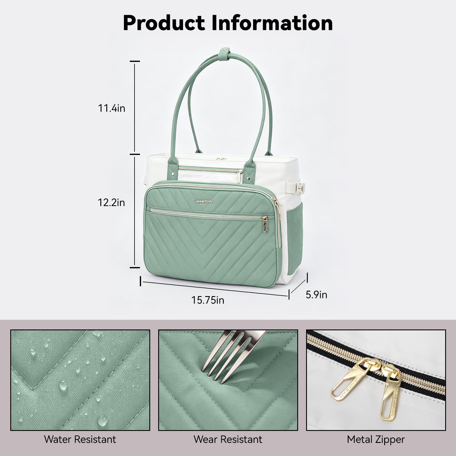 VANKEAN Borsa per laptop da donna, 15,6 pollici, borsa da lavoro impermeabile, borsa a tracolla per computer, borsa grande per lavoro, viaggi d'affari, beige/verde chiaro