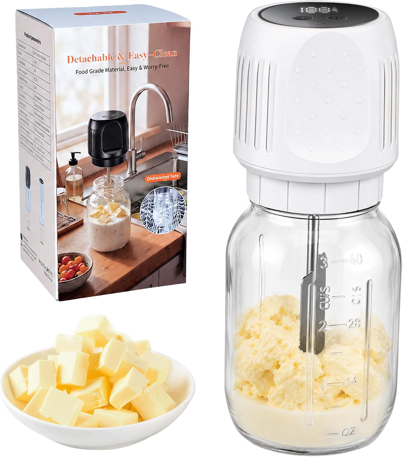 Electric Butter Churn, Cordless 8000RPM, 50oz Glass Jar, One-Touch Operate