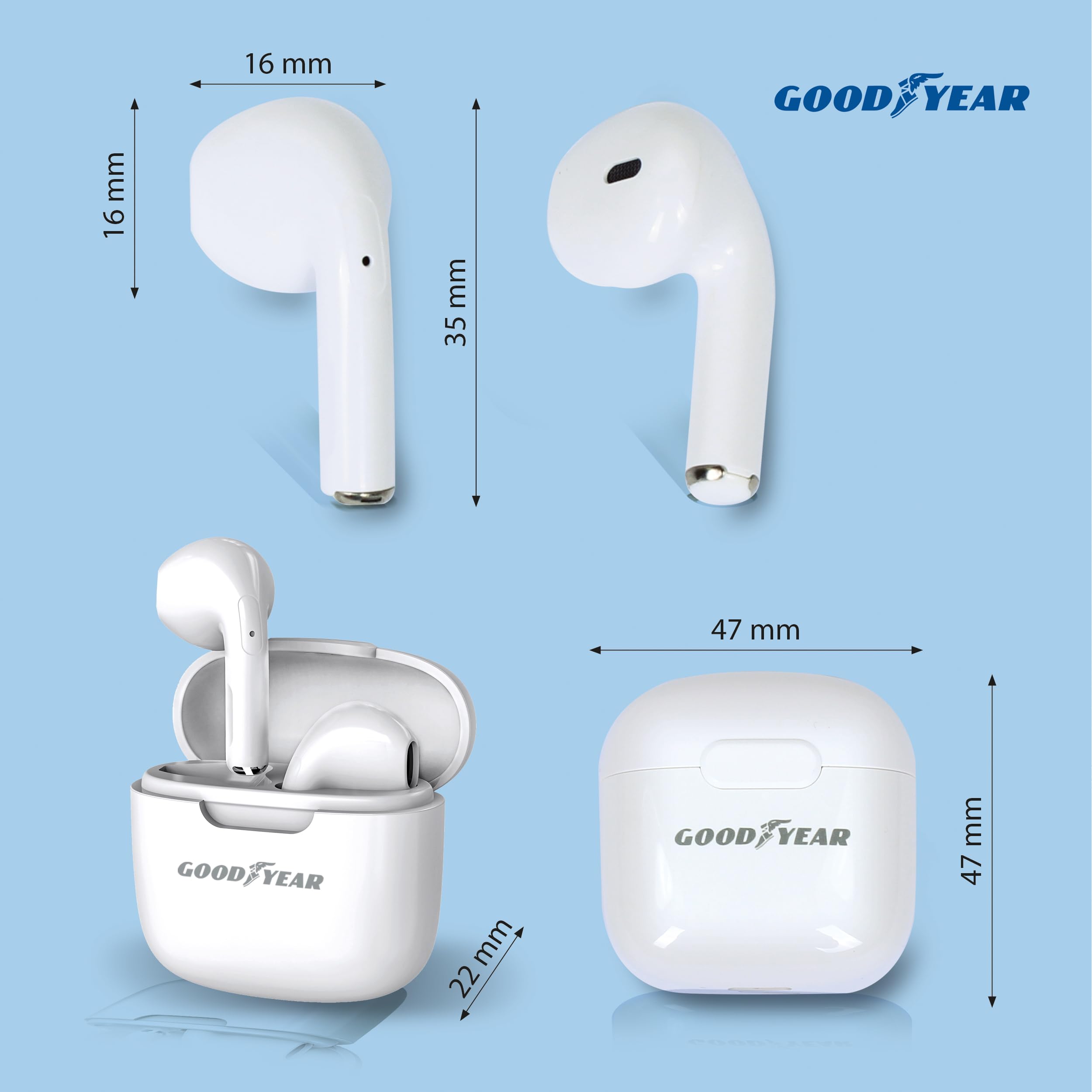 Goodyear Écouteurs sans Fil avec étui de Charge 60 Heures, Casque Bluetooth 5.3, Intra-auriculaire, câble USB-C de Charge Inclus, True Wireless Stéréo, Audio Surround, Microphone et Touch Controls,