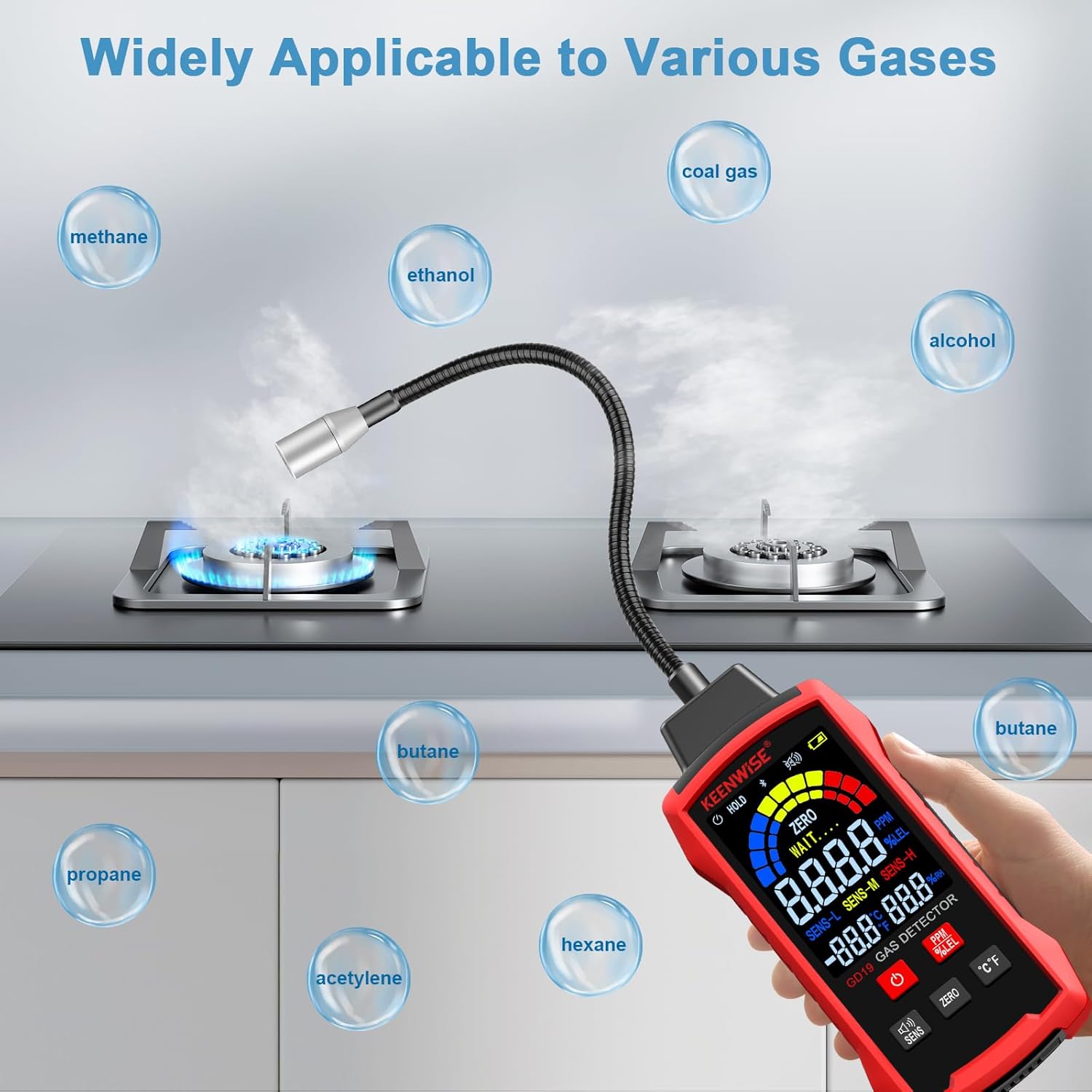 Gas Leak Detector, Natural Gas Detector with Gooseneck, LCD Display, PPM or%LEL Gas Real-Time Gas Concentration Display Portable Natural Gas Tester with Audible & Visual Alarm for Home and RV