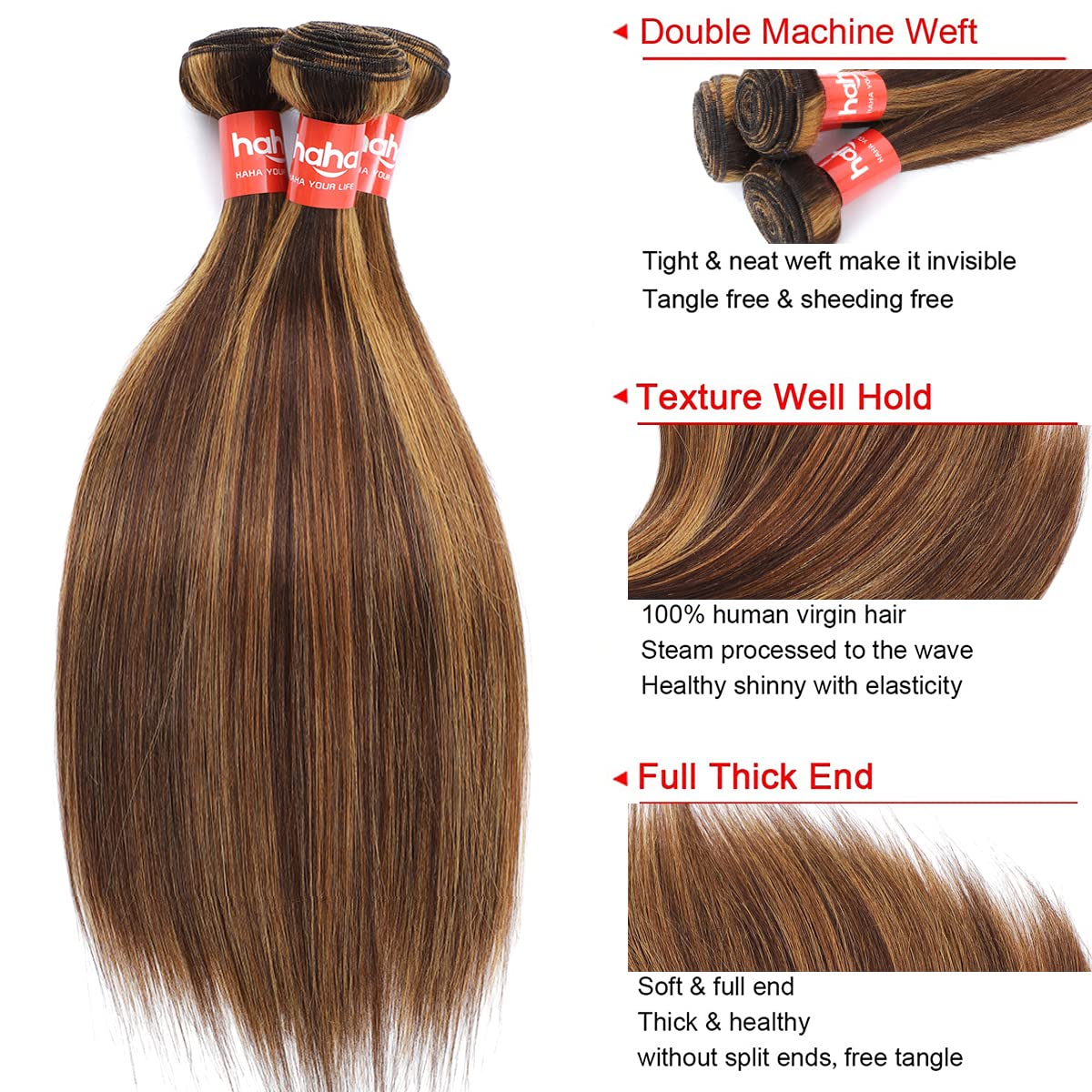 HaHa 4/27 Highlight Blonde Bundles with Closure Human Hair Straight Ombre Bundles with Closure Brazilian Virgin Hair Weave Bundles with Closure Colored (12 12 12+10 Inch,4x4 Lace Closure)