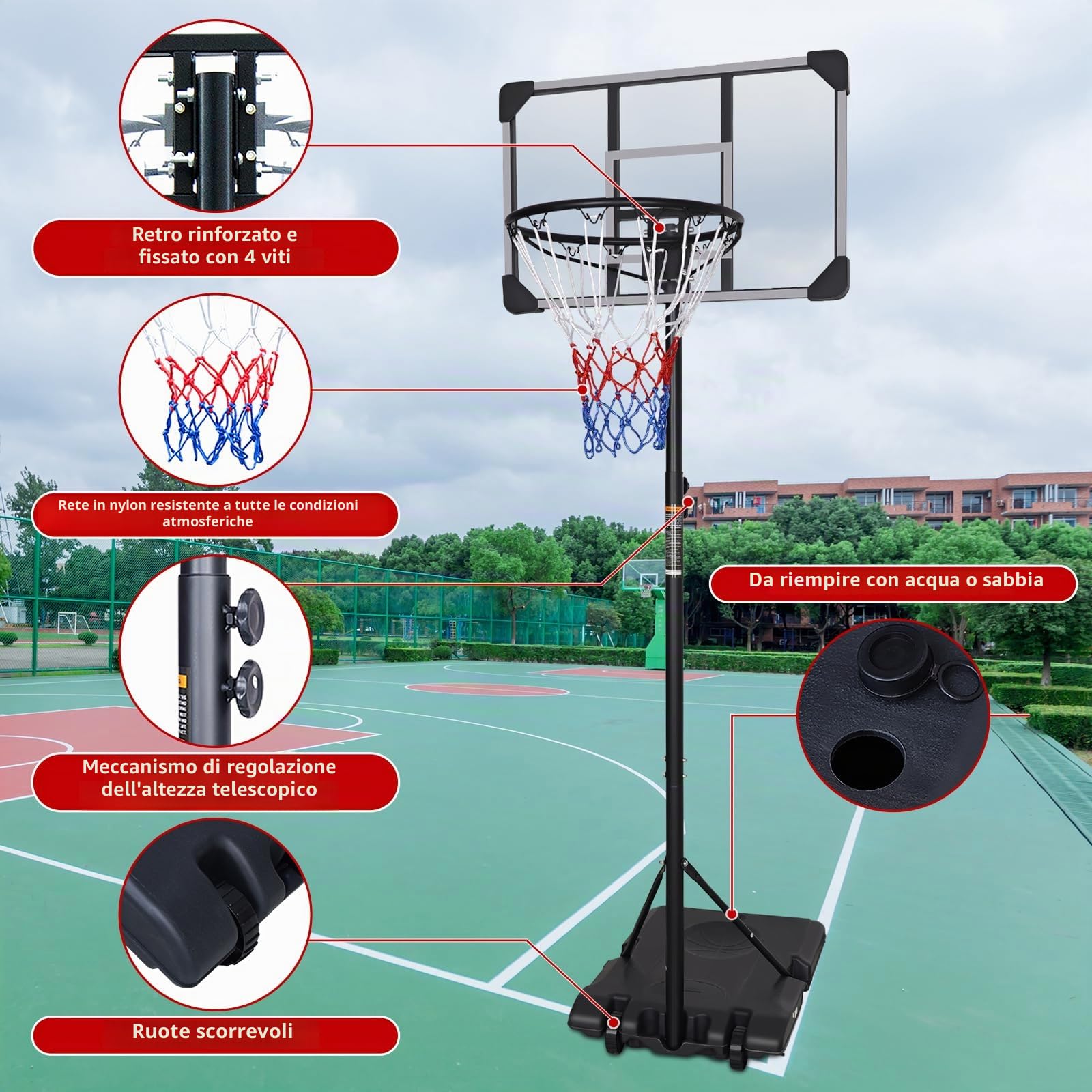 Canestro da basket portatile autoportante regolabile da 7 piedi con supporto e tabellone trasparente, sistema per interni/esterni, 165-213 cm
