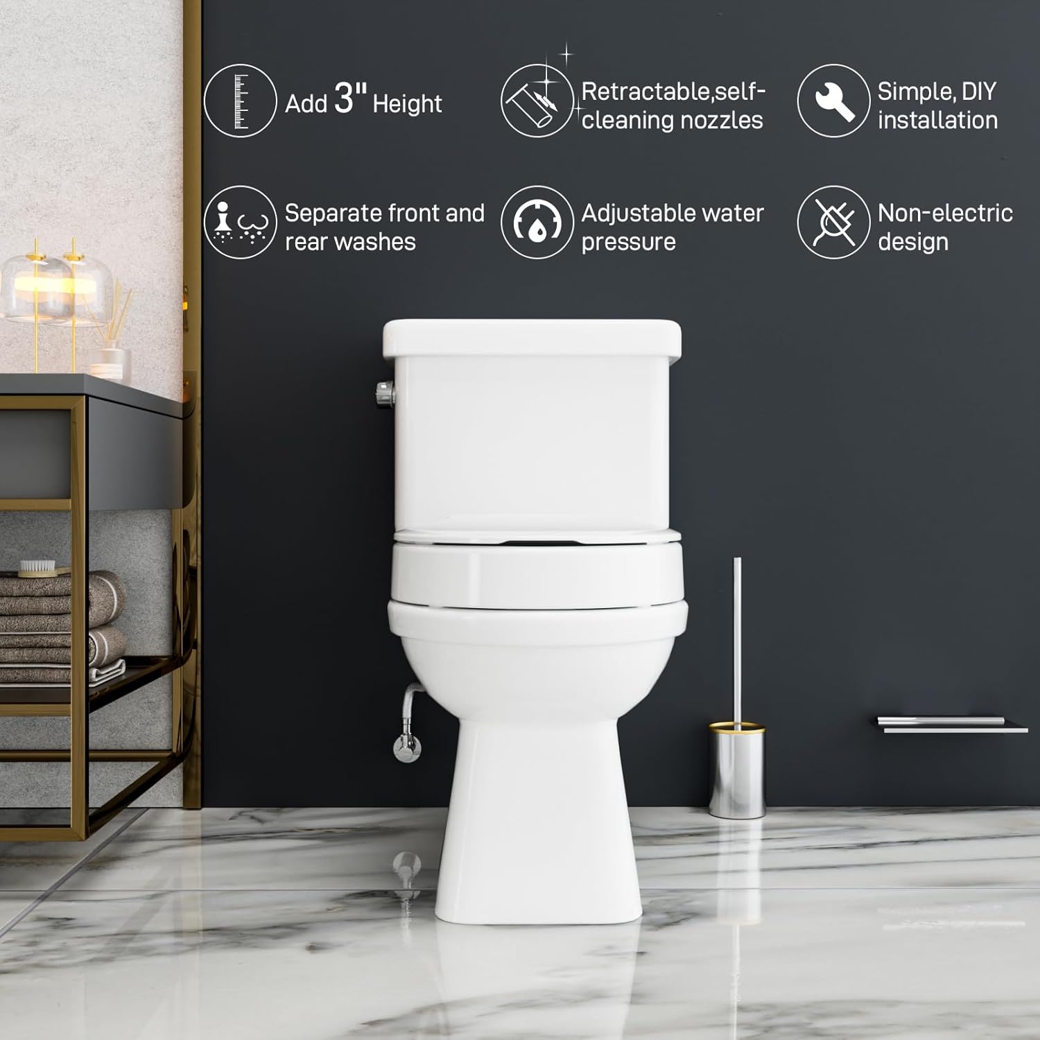 BIGCOW Raised Toilet Seat with Bidet - Round, Soft Close, 3" Height - Dual Nozzle (Frontal & Rear Wash) with Adjustable Cold Water Pressure and Stainless Steel Inlet (Round)