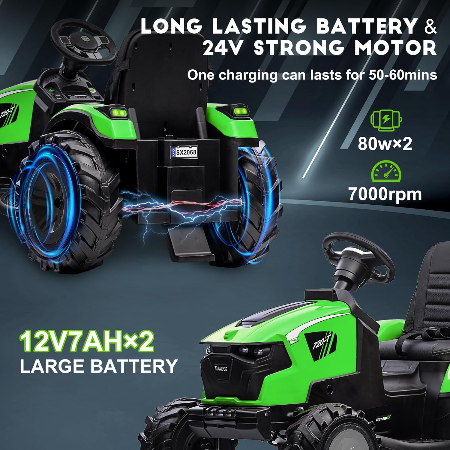 Garvee 4-in-1 Ride on Tractor, 24v Ride on Toys for Big Kids, Remote Control Excavator with Trailer, Shovel Bucket, Digger, Remote Control, EVA Tires, LED Light, Music, USB, Green