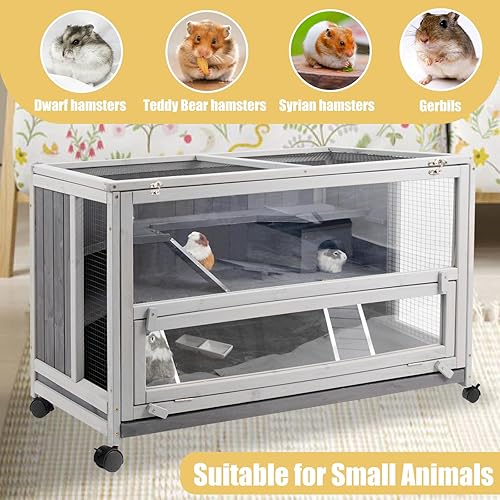 Miniatura 7 de Jaulas grandes para hámster, jaulas de madera para hámster y hábitat sobre ruedas con cuenco de comida, estante y escalera, parte superior que se