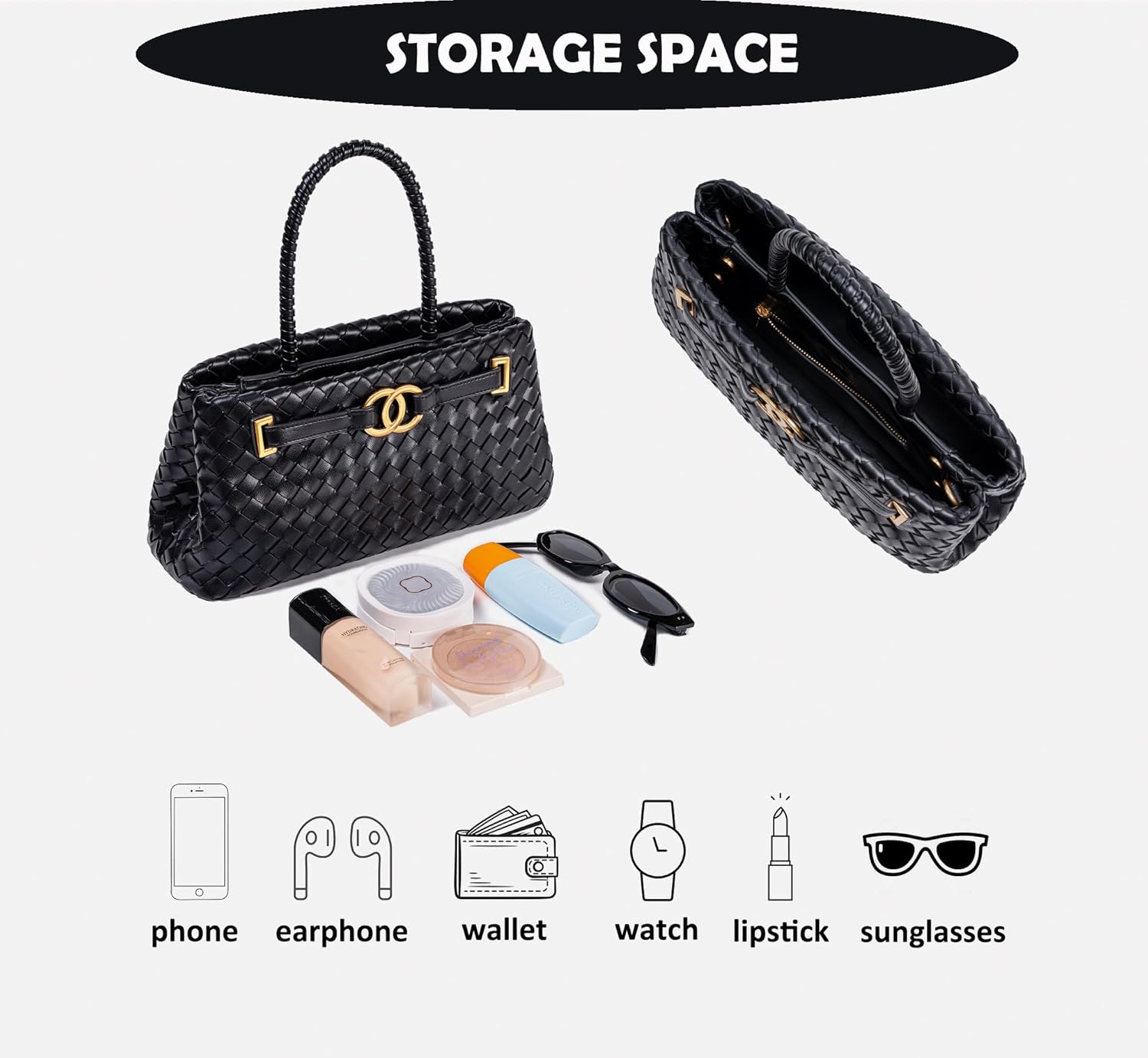 Quelis Woven Tote Bag, Woven Leather Handbag, Evening Clutch Purses for Women,Top Handle Shoulder Crossbody Handbag - Image 5