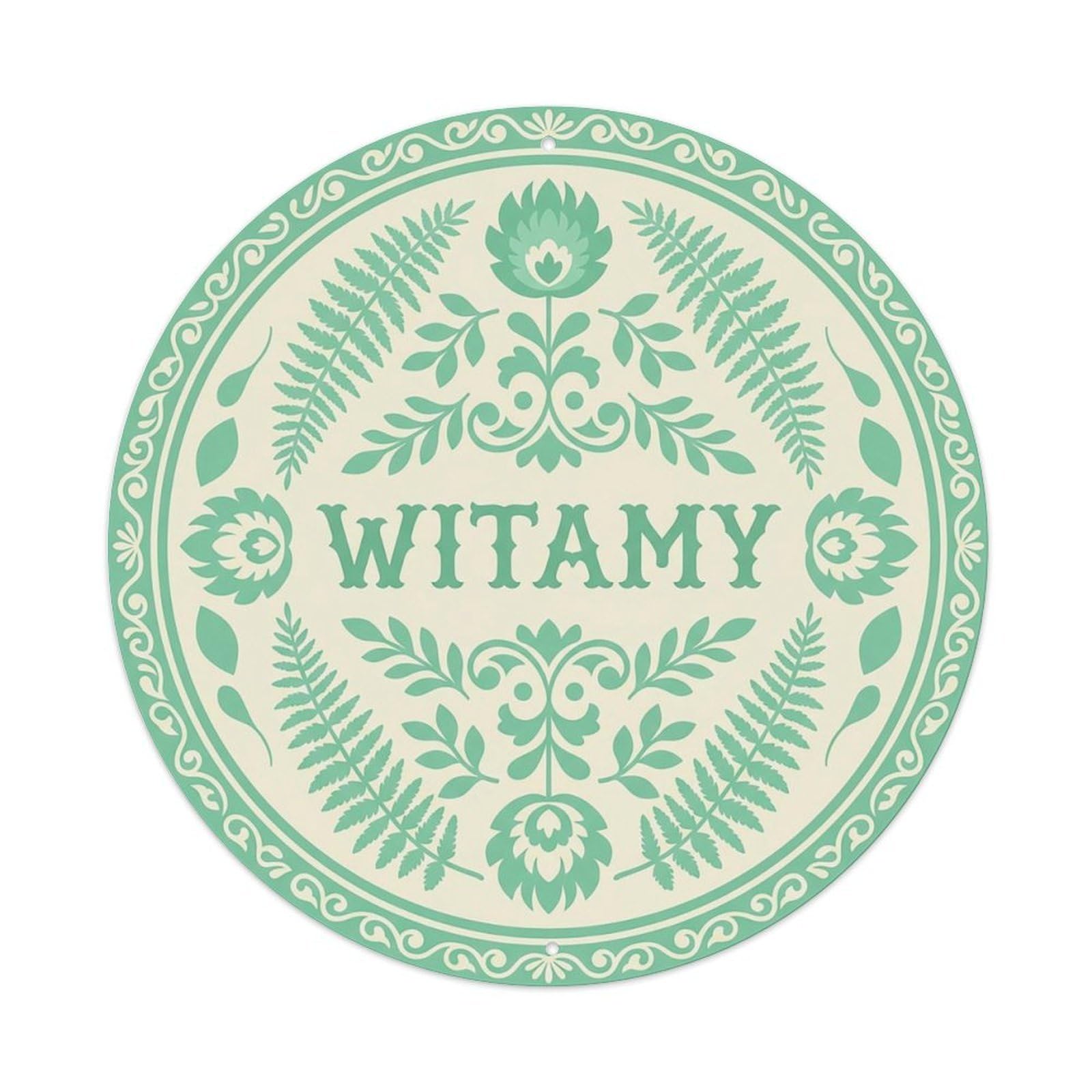 Vintage Polish Folk Art Witamy Welcome Mint Fern Metal Tin Sign