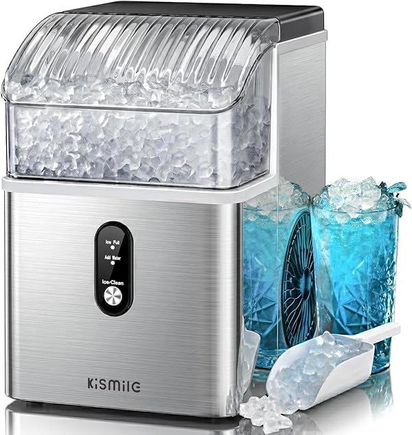 Kismile Nugget Ice Makers Countertop,Portable Ice Machine with Crushed Ice, 35lbs/Day,Self-Cleaning,One-Click Operation for Home Use(Silver)