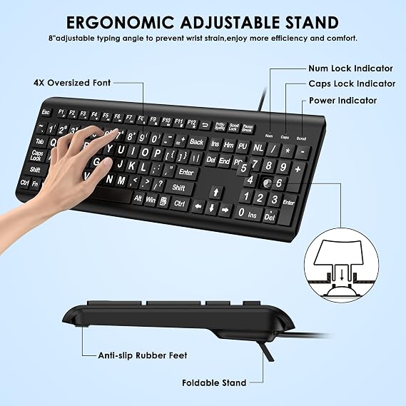 EDJO Large Print Computer Keyboard, Wired USB Full Size Quiet Keyboard with 4X Oversized Print Letters for Visually Impaired Low Vision Individuals Easy to See and Type for PC, Laptop,Windows