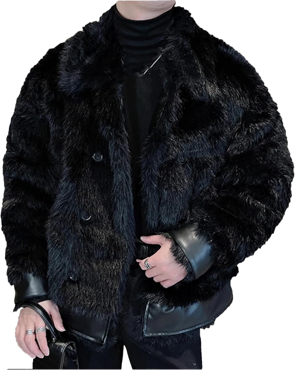 Alloaone Men's Lapel Faux Fur Jackets PU Leather Thickened Short Coats