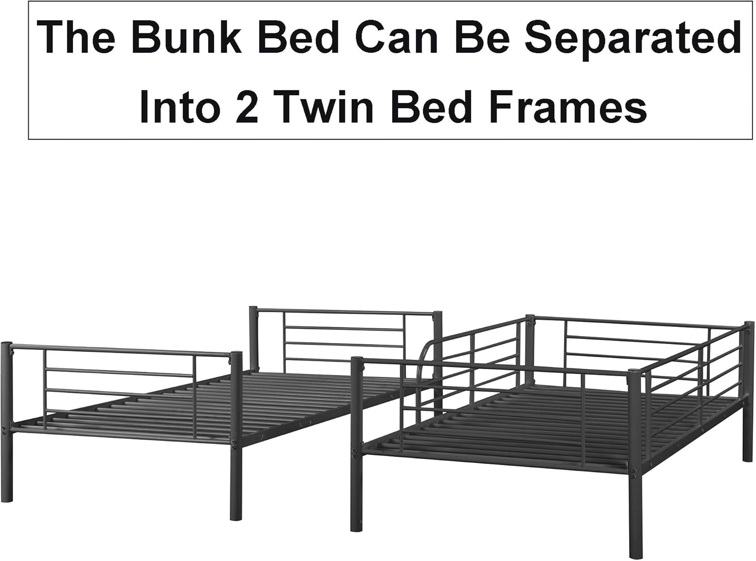 JULYFOX Steel Bunk Bed Twin Over Twin, Modern Metal Bed Frame 550 lb Heavy Duty with Stairs Side Guard Rails 10.8 inch Storage Space No Box Spring Needed 2 Twin Bed Platform for Kids Teens Black