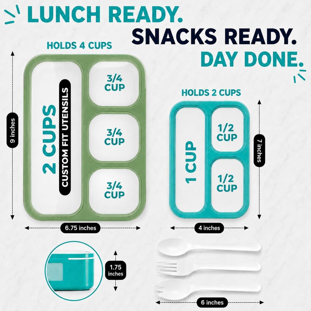 kinsho Bento Lunch Box And Snack Container Set For Kids And Adults - Large 4 & Small 3 Divided Food Compartments - Portion Control Meal Prep - Reusable for School Work Travel - 2 Pack Green Blue Set