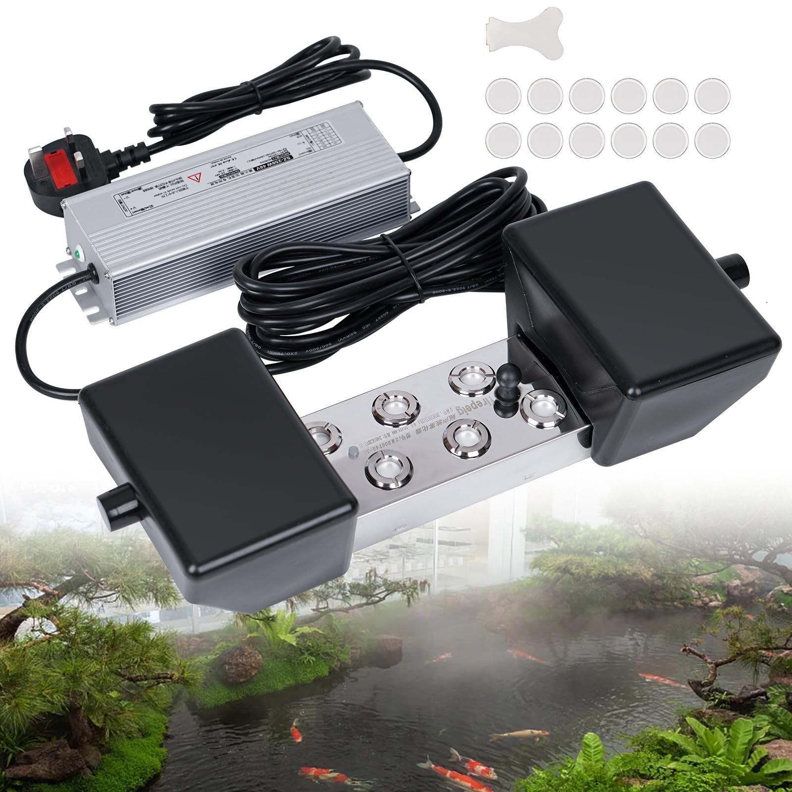 Ultrasonic Fogger 6 Head Mist Maker 5.5L/H with Waterproof Power Supply and Buoys Set Pond Atomizer Garden Air Humidifier for Halloween Christmas Wedding Party Food Preservation