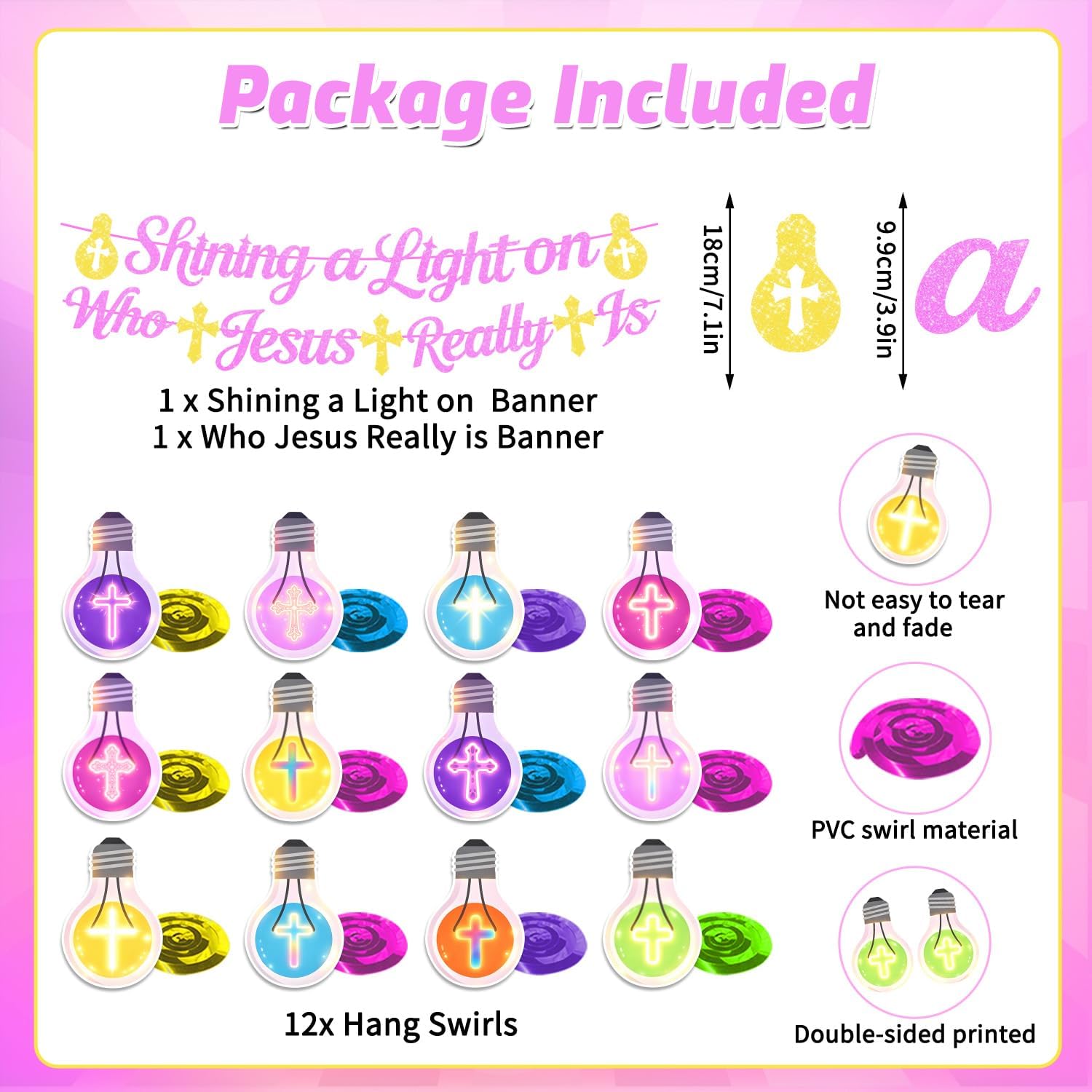VBS 2026 Decorations Banner Set NO-DIY Glitter Shining a Light on Who Jesus Really Is Banner and Colorful Cross Light Bulb Hanging Swirls Religious Party Decor for VBS Church Classroom Supplies