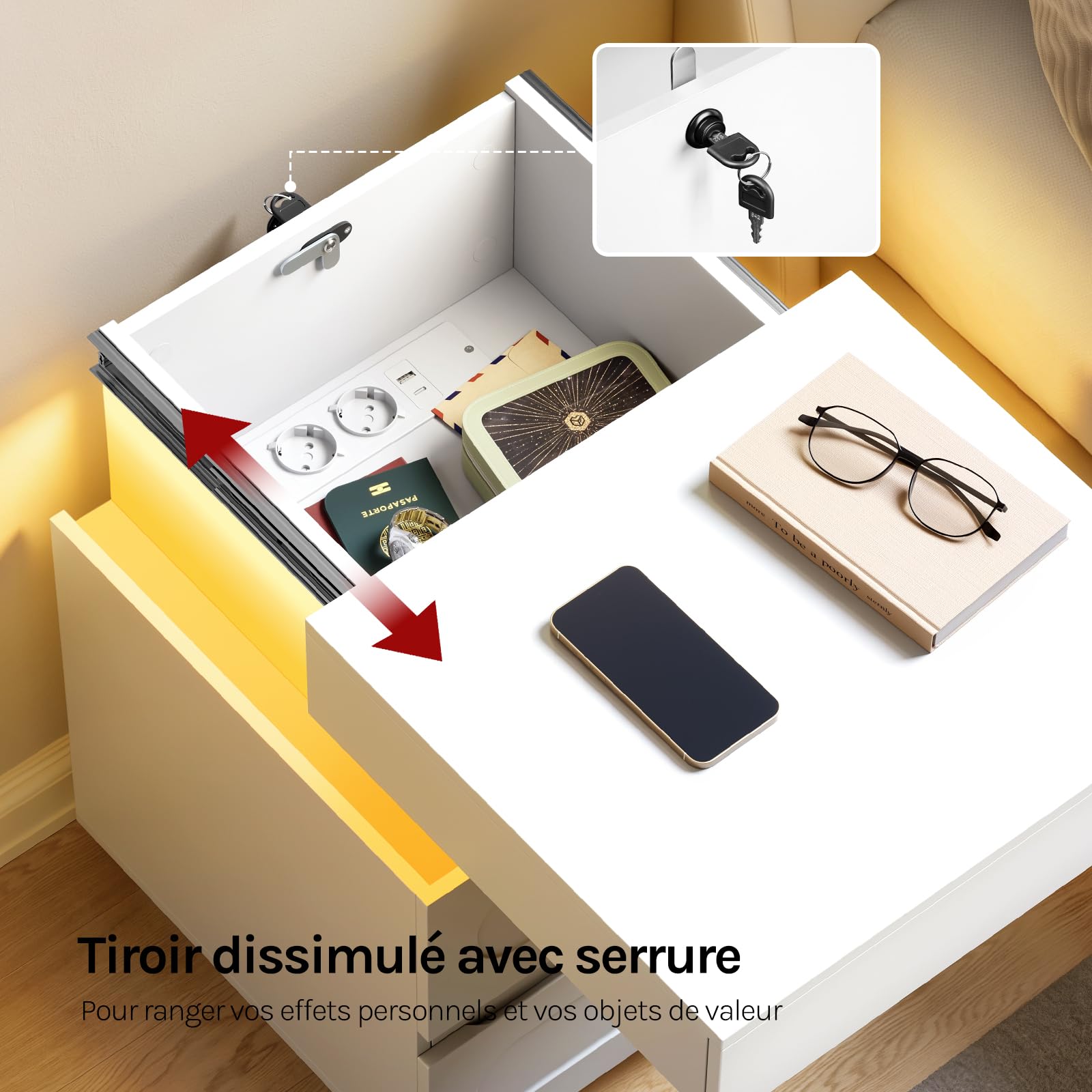 WOLTU Table de Chevet Connctée, LED, Éclairage Réglable, Blanc | Table de Nuit, Compartiment Caché avec Serrure et 2 Tiroirs, en Bois d'Ingénierie, 45x40x58 cm