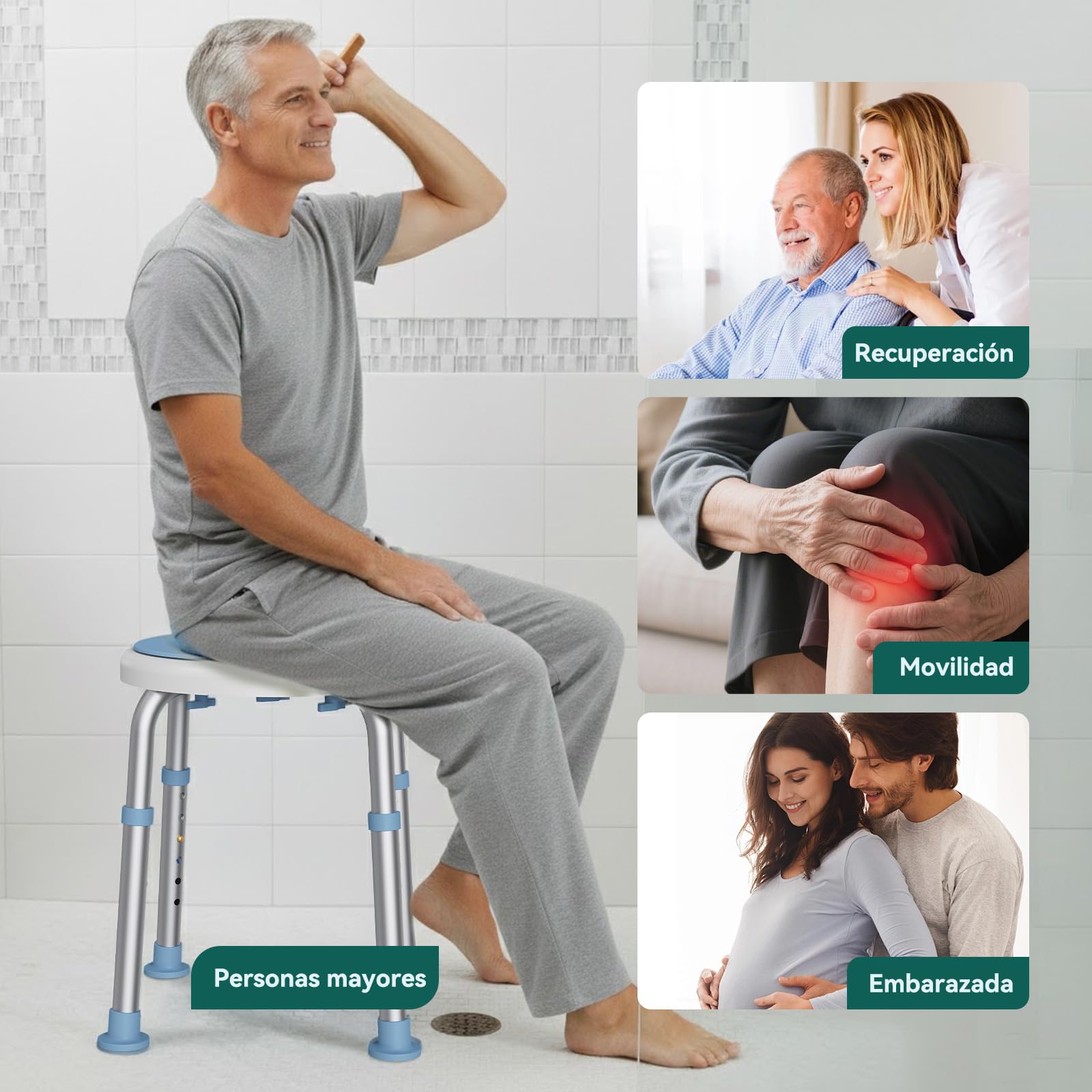 LC01 Silla de Ducha Giratoria 360° Regulable en Altura – Taburete de Ducha Antideslizante de Aluminio, Asiento de Baño Ligero para Mayores y Personas con Movilidad Reducida