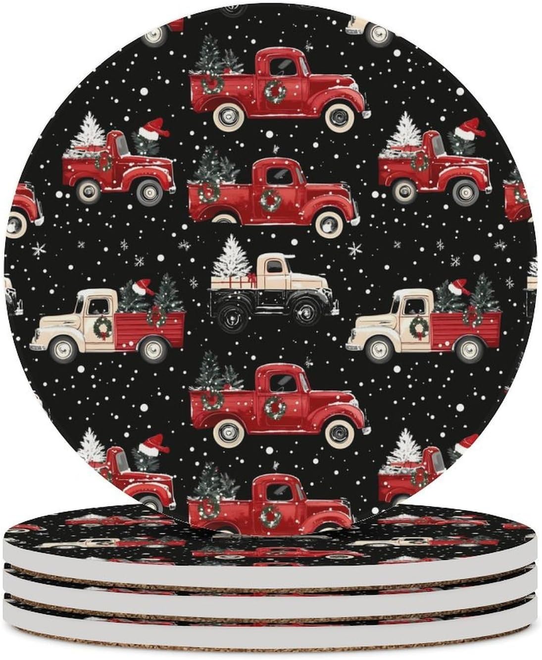 Vintage Trucks Christmas Trees Round Ceramic Coasters Print Drinks Absorbent with Cork Base for Home Decor Gifts 4 Inch