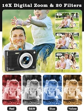 Upgrade Digital Camera, 56MP FHD 1080P 16X Kids Digital Zoom, 32GB TF Card, Portable Mini Camera with 2 Batteries, Lanyard, Compact Small Camera for Kids Boys Girls(Black)