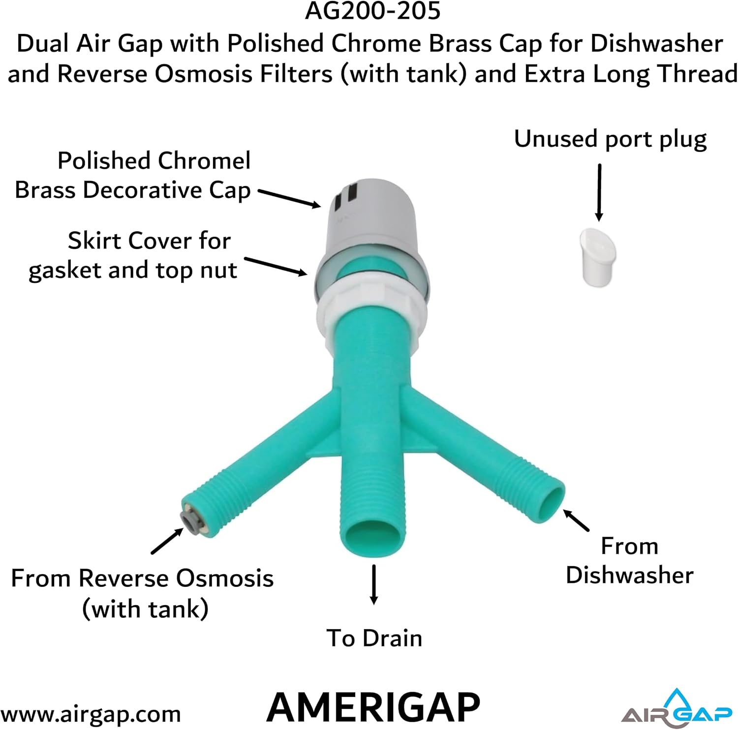 Dual Air Gap with Polished Chrome Brass Cap for Dishwasher and Reverse Osmosis Filters (with tank) and Extra Long Thread (AG200-205, AG200-X05, AMERIGAP)