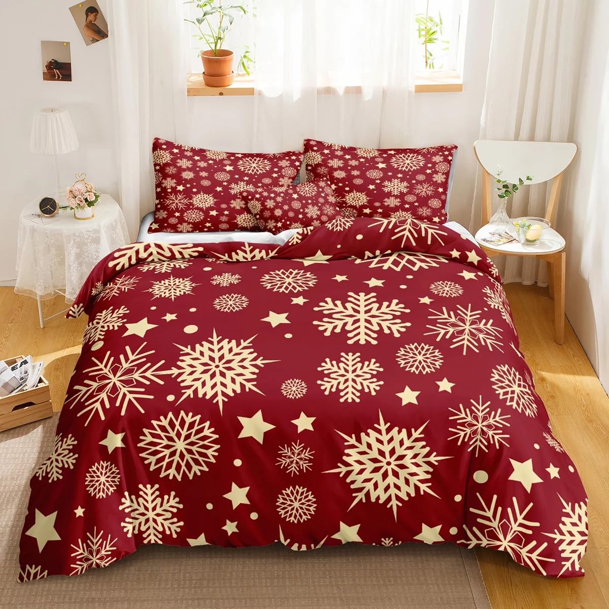 Linge de lit festif d'hiver et parure de lit 260x240 motif flocons de neige