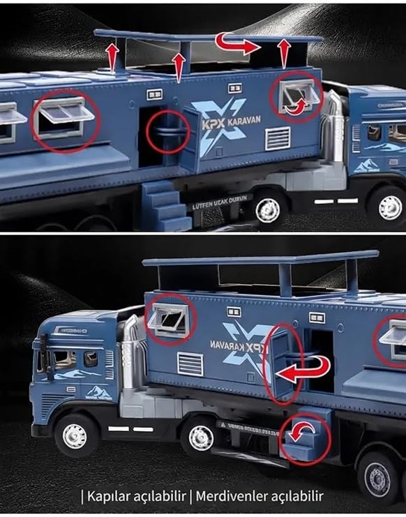 Oyuncak Tır Ve Karavan Seti - 39cm Büyük Boy Metal Kupa Işıklı Sesli Çek Bırak Oyuncak Araba