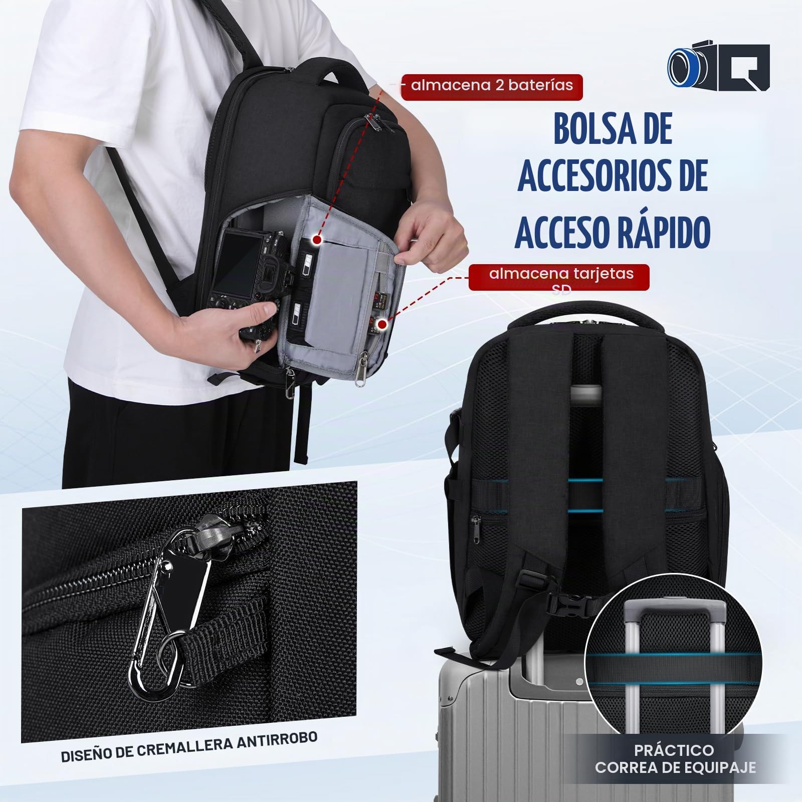 RAINSMORE Mochila para Cámaras de Fotógrafos Mochila Fotografia Profesional para Portátil 14 Pulgadas, Camera Bag con Funda Impermeable para DSLR Canon Nikon Sony Negro
