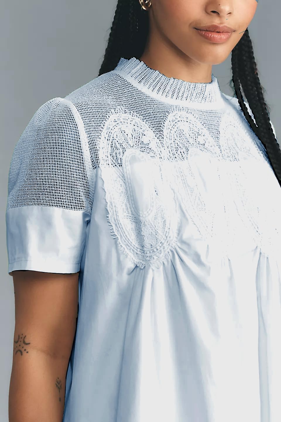 VAOYIU Women Crochet Lace Mini Dress Round Neck Short Sleeve Sheer Mesh Clothing Casual Outfits with Lace Back Design