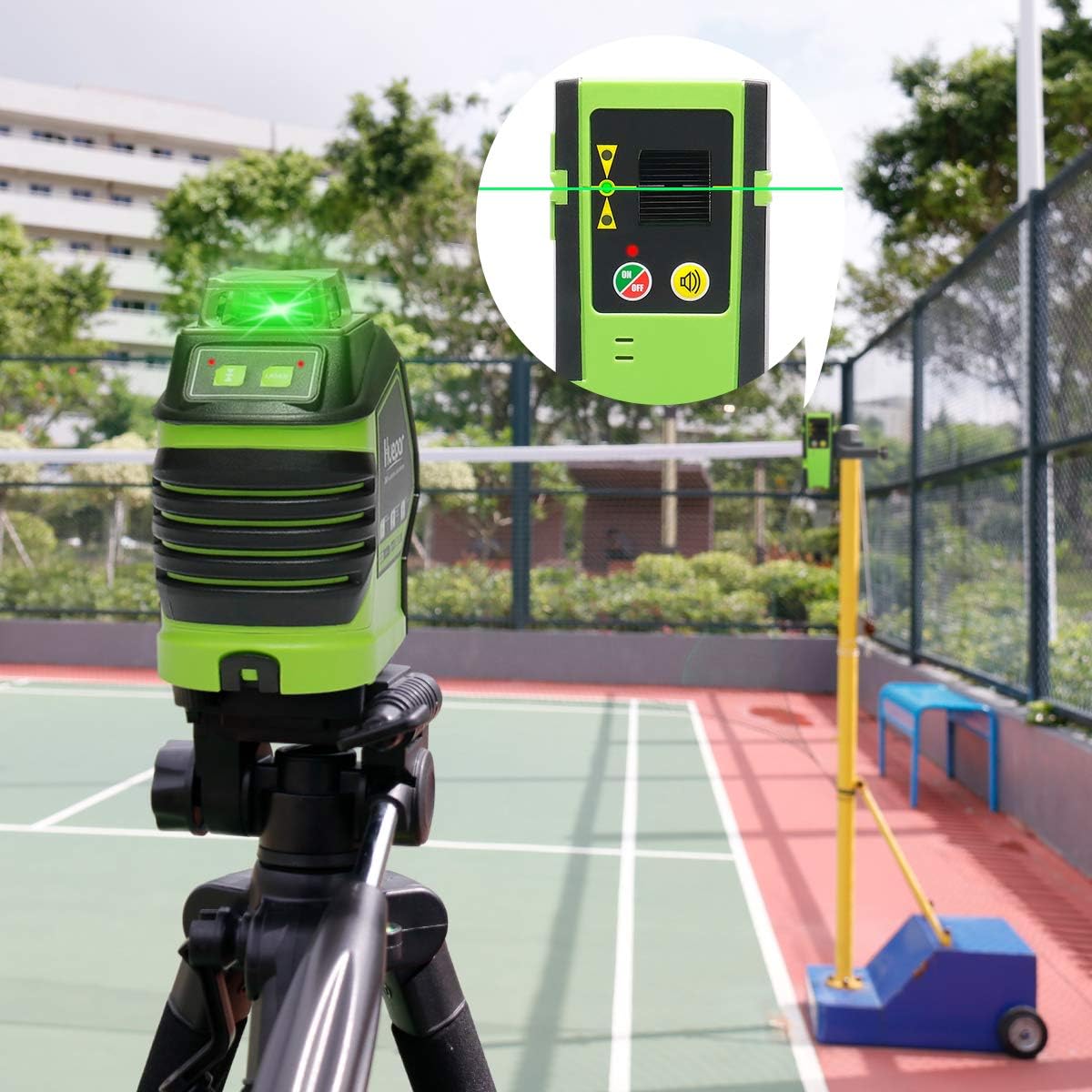 Huepar laser level in an outdoor setting, demonstrating its use for outdoor leveling tasks with a laser receiver