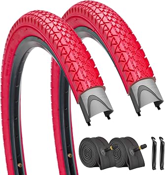 2 Pack Beach Cruiser Bike Tires and Tubes 26"/24"x2.125" Inch Beach Cruiser Bicycle Tires Red or Blue with AV 32mm Inner Tubes for Beach Cruiser Hybrid Bike