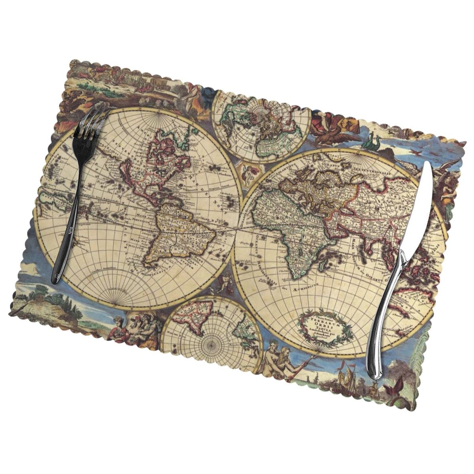 Ancient Map World Globe Print Premium Oil And Heat Resistant Placemats For Dining Table Set (6-Pack) - 12x18in