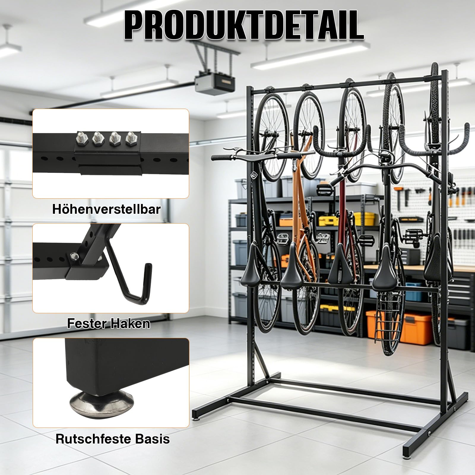 Freistehender Fahrradständer für 5 Fahrräder, 160KG Vertikaler Fahrradständer mit 5 Fahrradhaken & 6 Helmhaken, Metall Fahrradhalter für Garage Keller Fahrradgeschäft