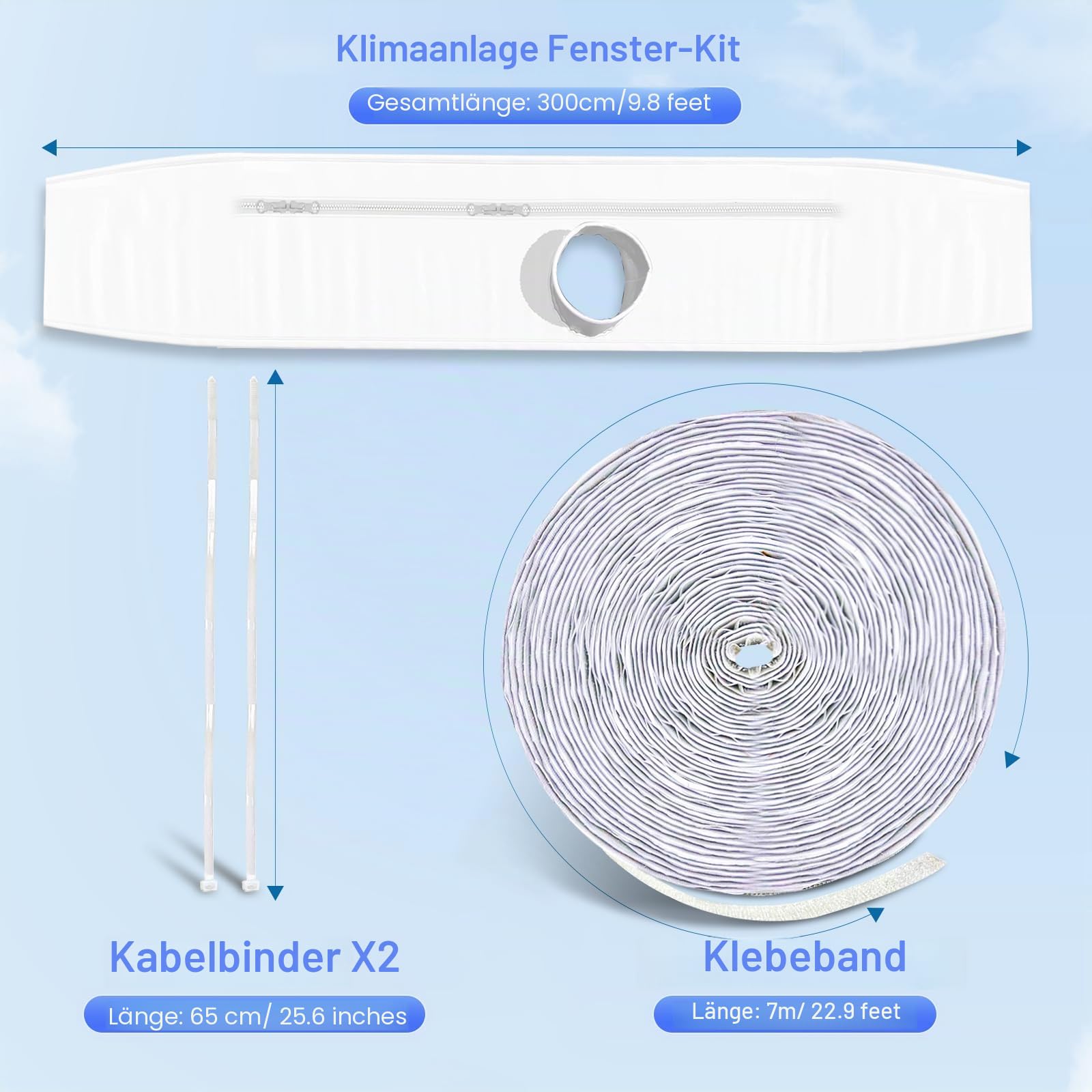 Hon&Guan Fensterabdichtung 300cm für Mobile Klimageräte, Doppelter Reißverschluss Wärmedämmend Wasserdicht Abriebfest Geeignet für fensterabdichtung Klimaanlage Dachfenster, Flügelfenster