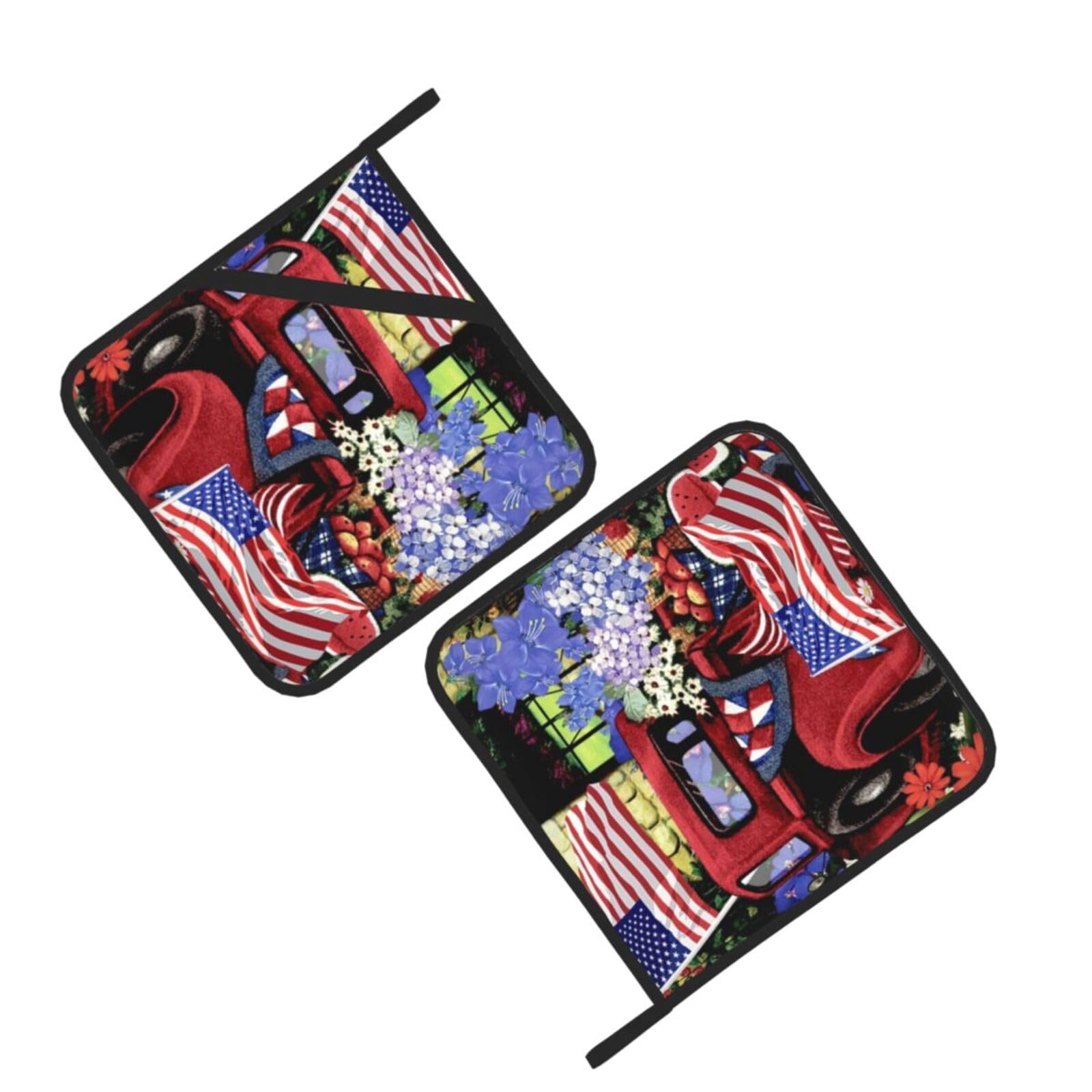 4th Of July Patriotic Old Red Truck Printed Oven Pot Holders Set of 2 Pcs Heat Resistant Kitchen Microwave Potholders for Cooking Baking Grilling