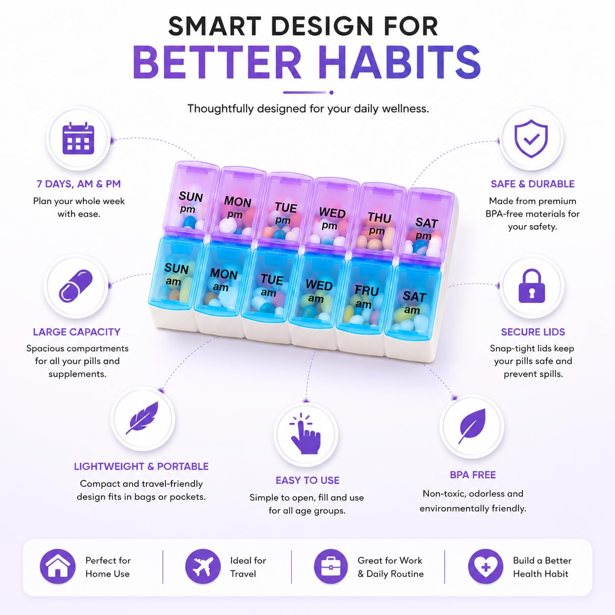 Oblivion Weekly Pill Box Organizer – Medicine Planner with Compartments – Travel-Friendly Vitamin & Tablet Holder – Moisture-Proof, Sorter & Reminder Case for Medication & Supplements (2 Time) 1