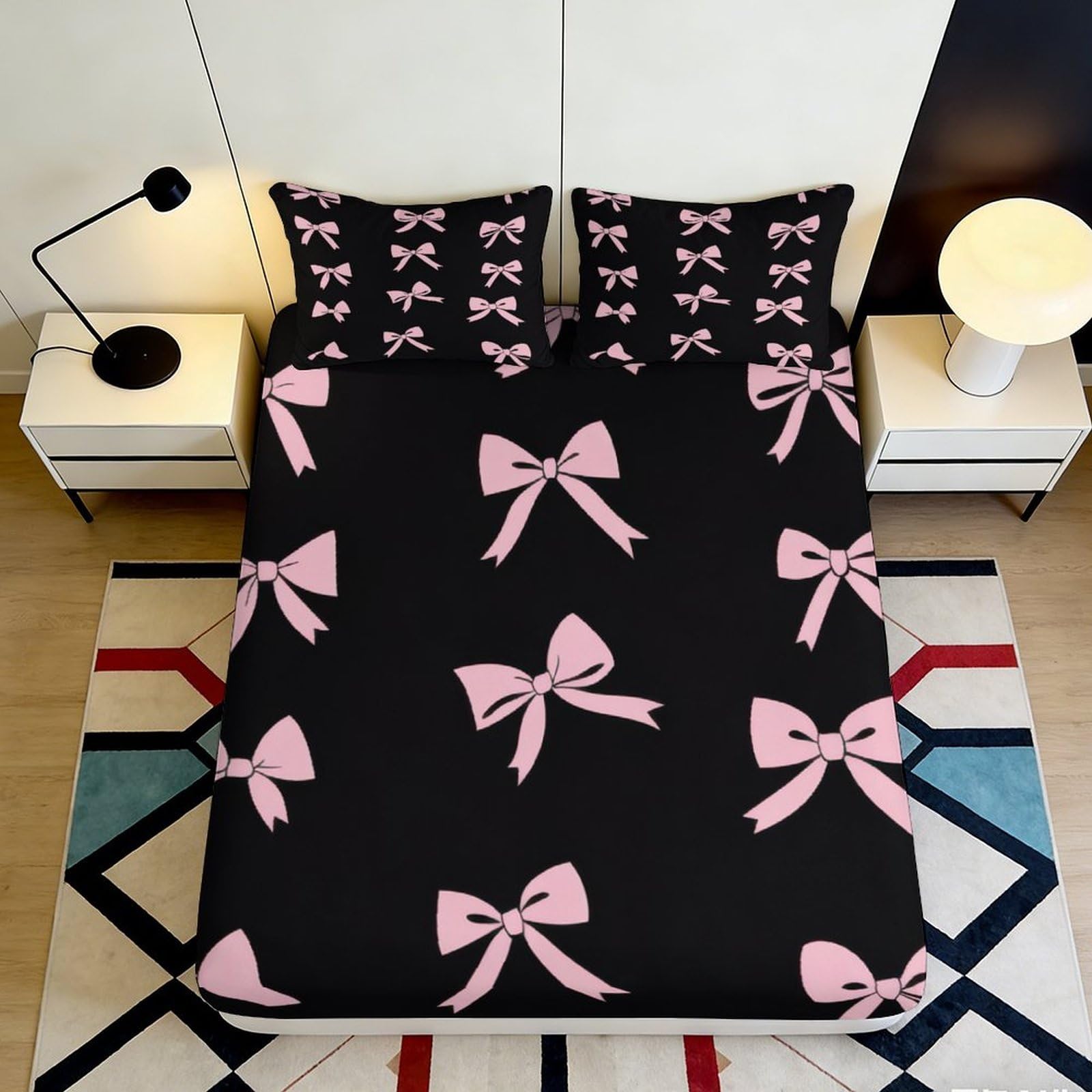 3D Printed Pink Bow Fitted Sheet Microfiber Soft Breathable Black Mattress Cover for Bedroom Dormitory Guest Room Protection Decor 200x200x25cm