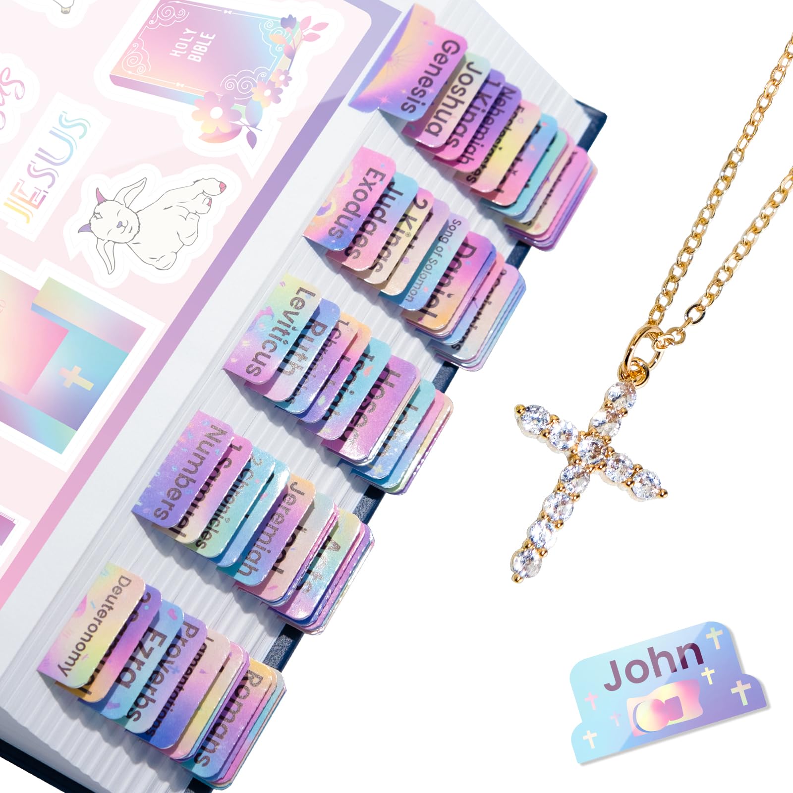 Bible Tabs with Gold Necklace, Laminated Bible Tabs for Women Men, Christian Gifts, Large Print Bible Tabs for Easy Navigation, Bible Book Index Tabs Labels, Bible Study Supplies, RB4