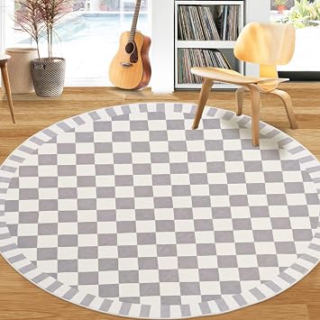 Checkered Rug 4Ft Round Modern Rug Circle Buffalo Plaid Check Bedroom Carpet Nonslip Farmhouse Floor Mat Washable Checkerboard Area Rug for Living Room Home Decor, Grey