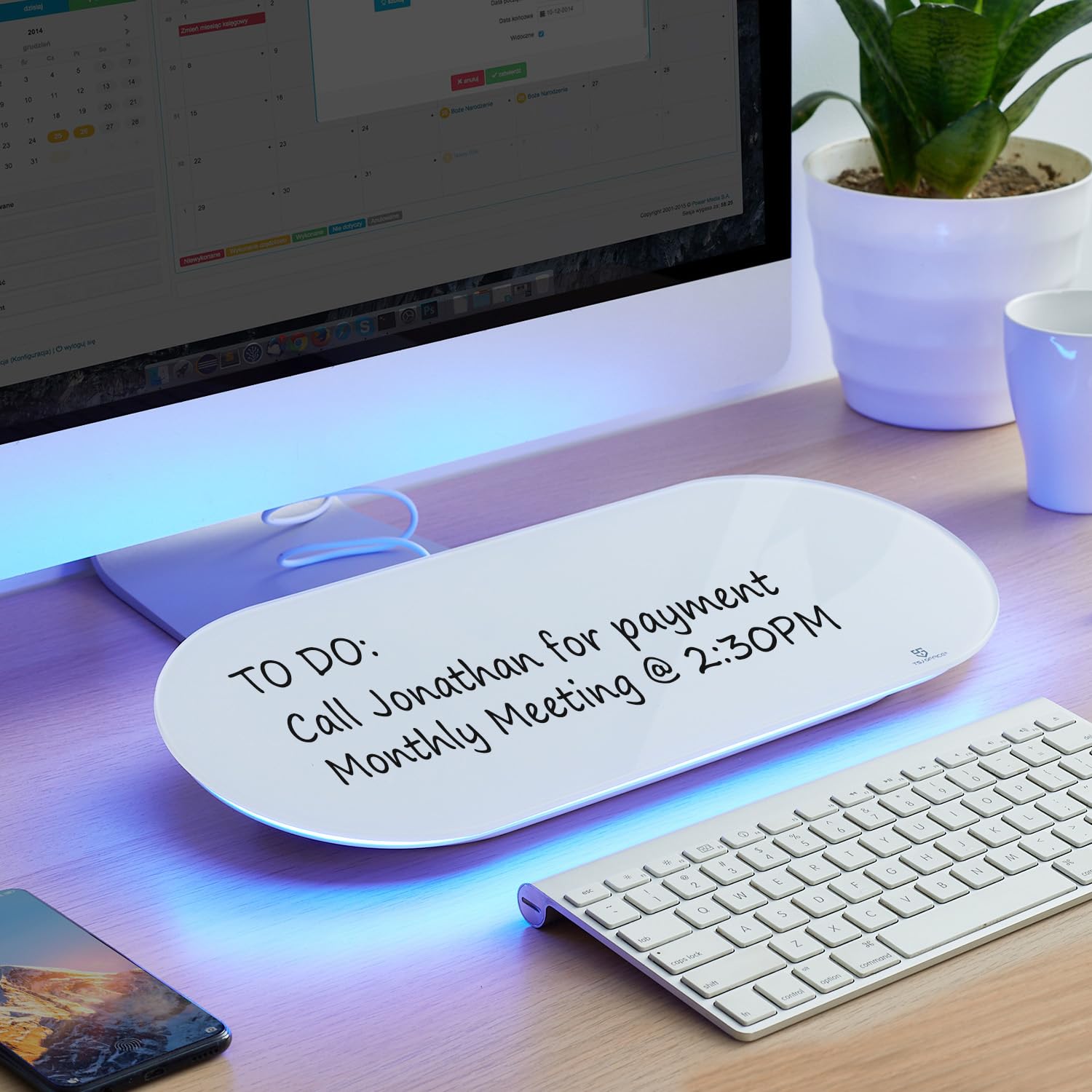 TSJ OFFICE Schreibtisch-Whiteboard aus Glas – 43.2x17.8 cm, klein, trocken abwischbare Tafel mit blauem Licht, Glas-Whiteboard-Oberfläche Notizblock mit Schublade, Zuhause, Schulbedarf