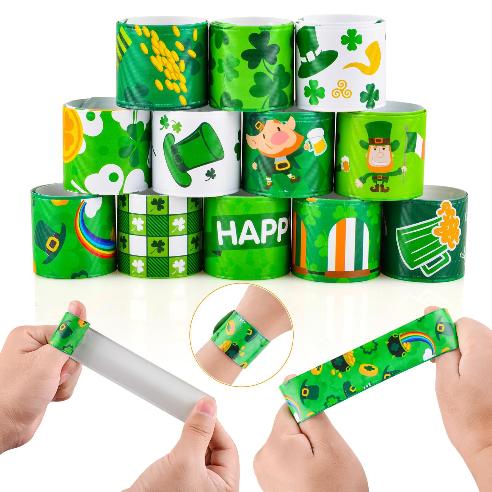36PCS St Patricks Day Decorations Slap Bracelets Bright Green Lucky Shamrock Designs Rainbows - Image 3