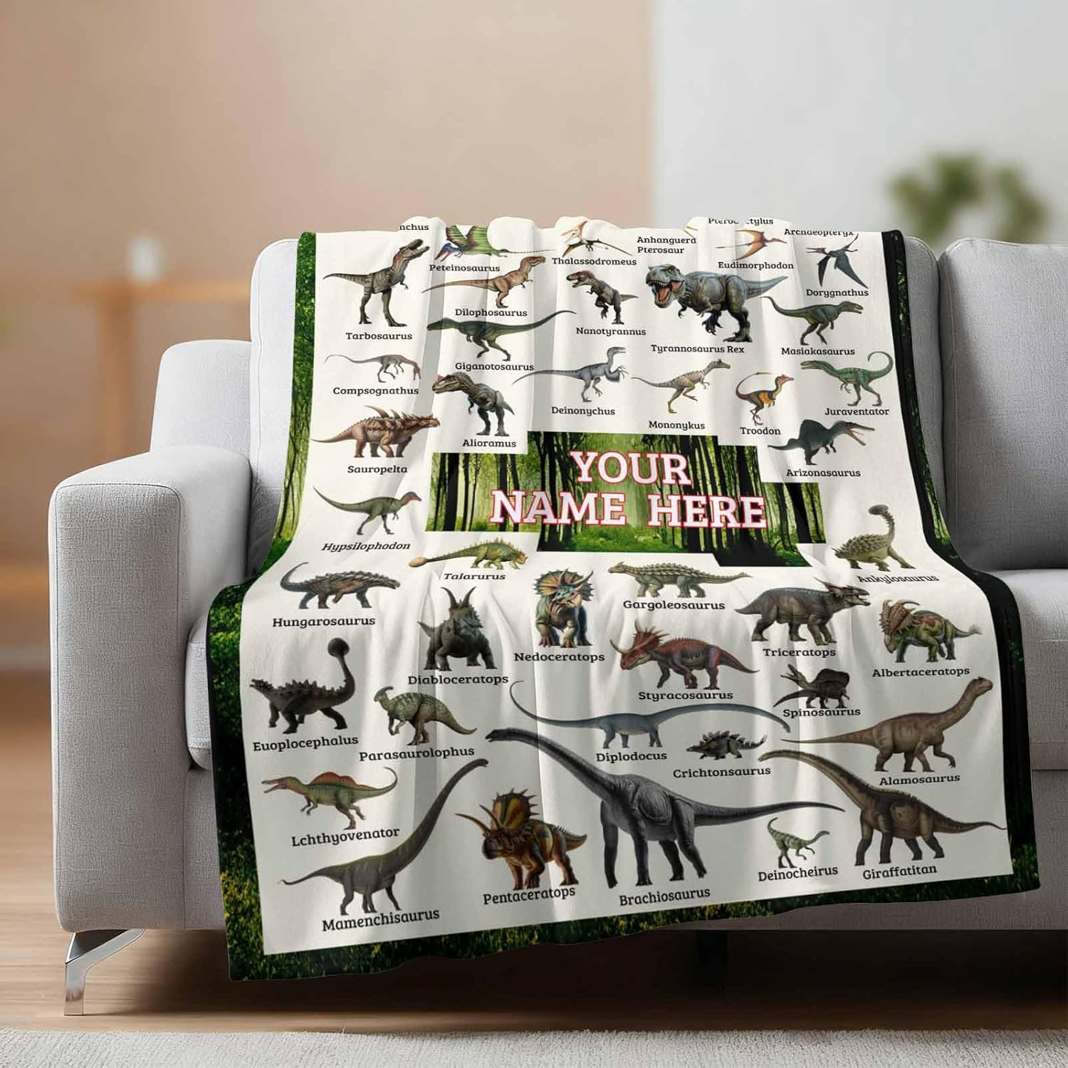 Shiped Next Day, Personalized Dinosaur Blanket for Kids - Custom Name Educational Throw Blankets for Boys and Girls - Ideal for Toddler Bed and Room Decor Dinosaur Throw Blanket - 60"x80"