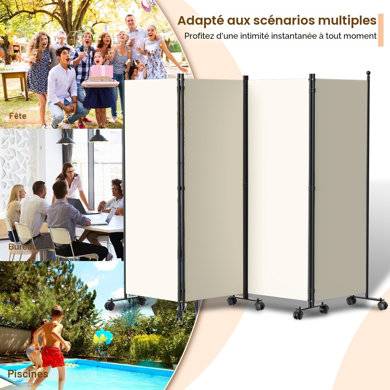 Paravent séparateur de pièce Pliable Autonome sur roulettes, 4 pièces, 228 x 181 cm, paravent pour Bureaux, balcons, Beige