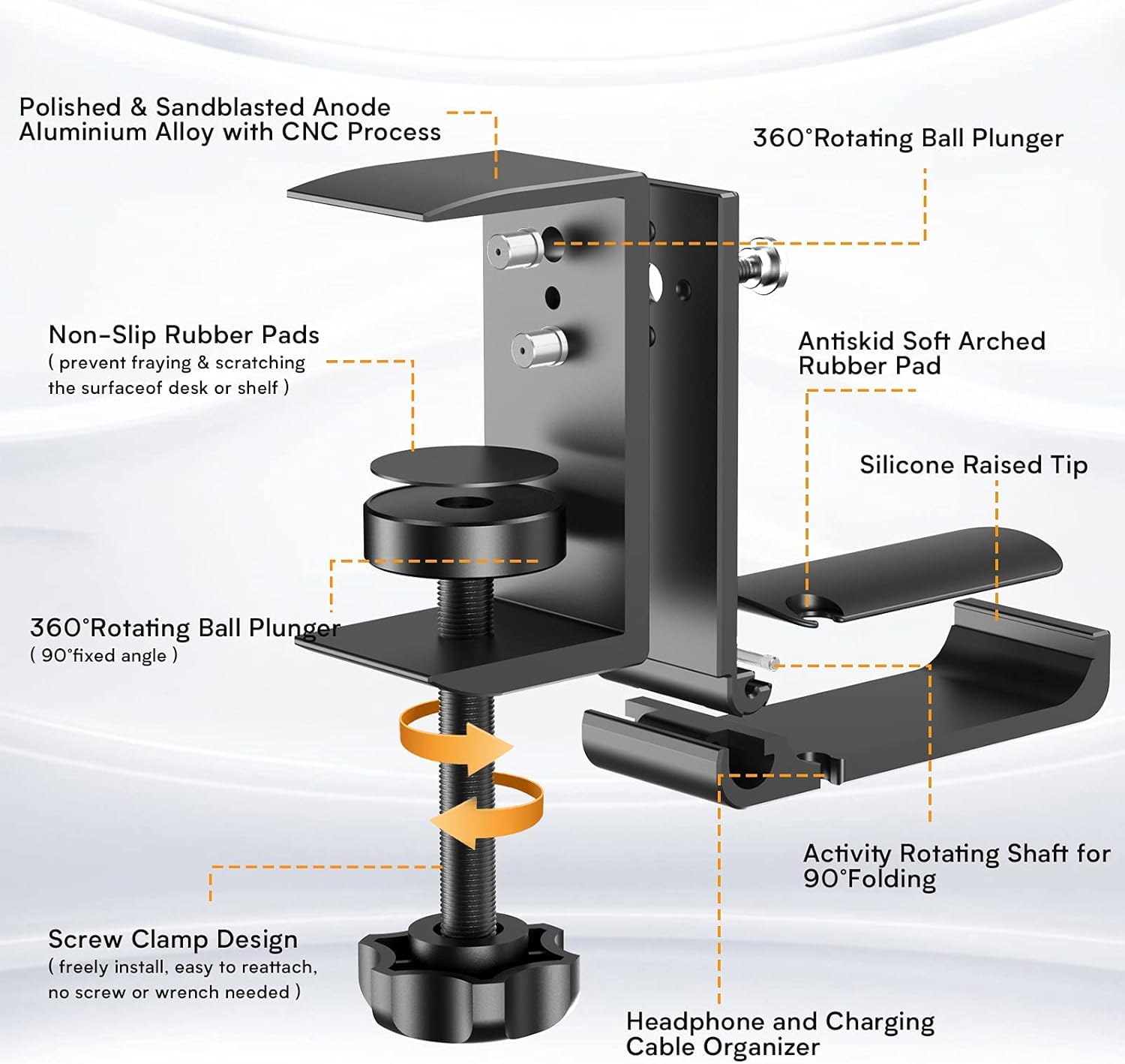 Headphone Stand Foldable Aluminum Hanger - Headset Holder with 90° Clamp Push Fit 360° Rotate Ball Plunger Wall Mount Hanger Hook Save Space for PC Gaming Headphone, Cable Clip Organizer, More